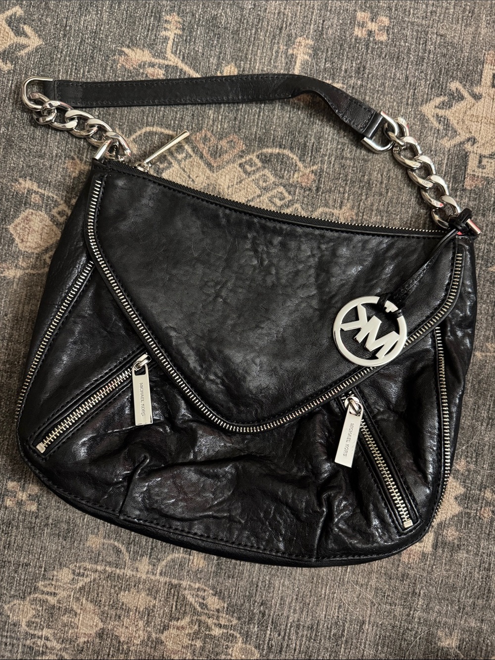 Michael Kors Odette Black Leather Shoulder Bag with Chain Strap